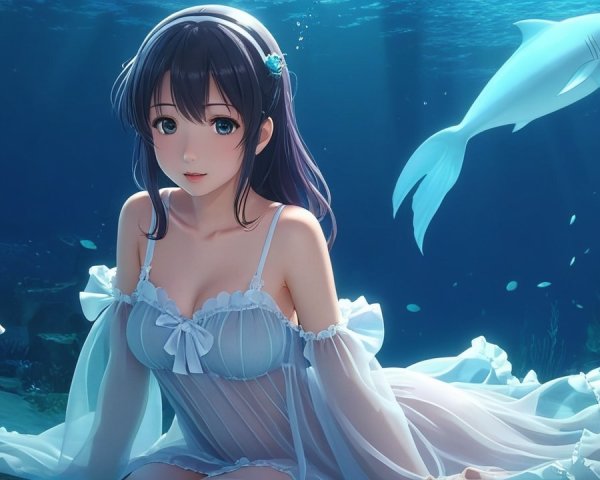 Young woman underwater with fish and soft light