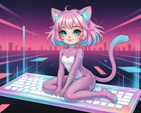2D Rendering of a Pink Kitten Girl in Neon Cityscape