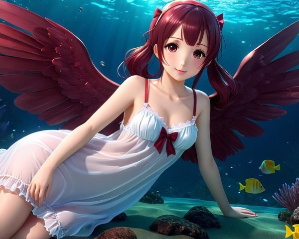 Fantasy Underwater Scene with Winged Girl and Coral