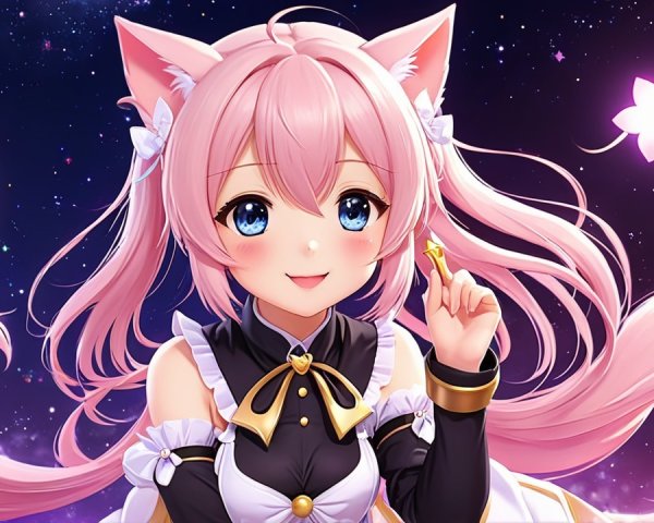 Cheerful anime girl with pink hair and cat ears