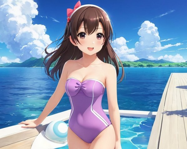Cheerful Animated Girl by Vibrant Blue Ocean Dock