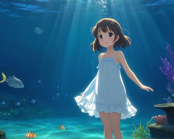 Young girl in white dress underwater with coral and fish
