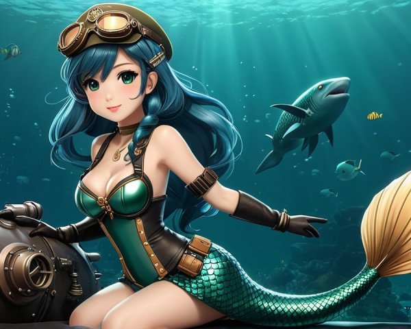 Vibrant Underwater Scene with Stylish Mermaid and Submarine