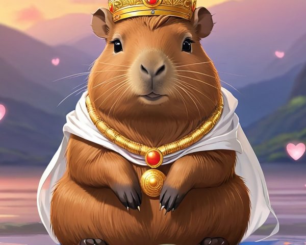Capybara in Crown and Cape by Serene Lake Scene