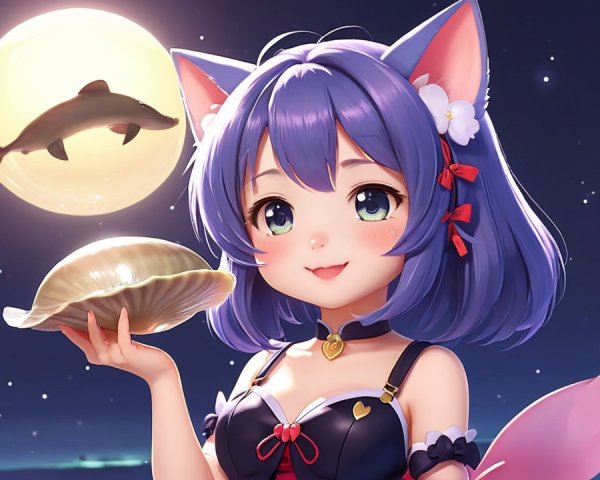 Anime girl with cat ears and glowing shell under moonlight