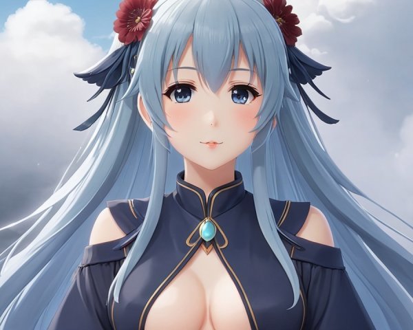 Anime Character with Light Blue Hair and Cloudy Sky