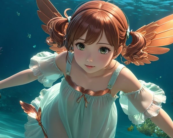 Whimsical Underwater Scene with a Curious Girl