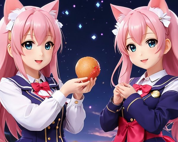 Anime Characters with Pink Hair Under Starry Sky