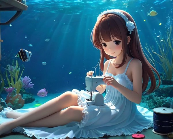 Young girl sewing on ocean floor with marine life