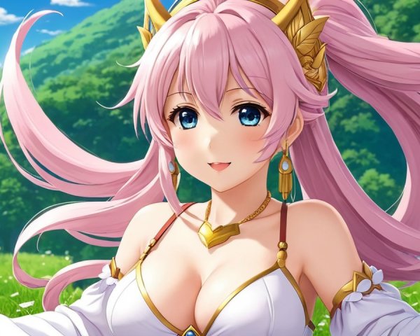 Vibrant Anime Character in Sunny Field with Blue Sky