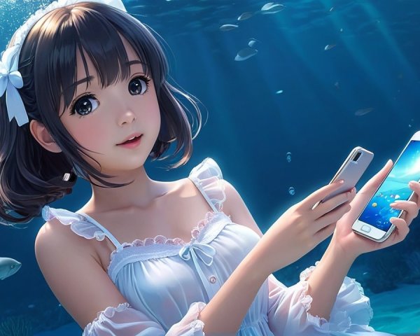 Young woman underwater with smartphones and marine life