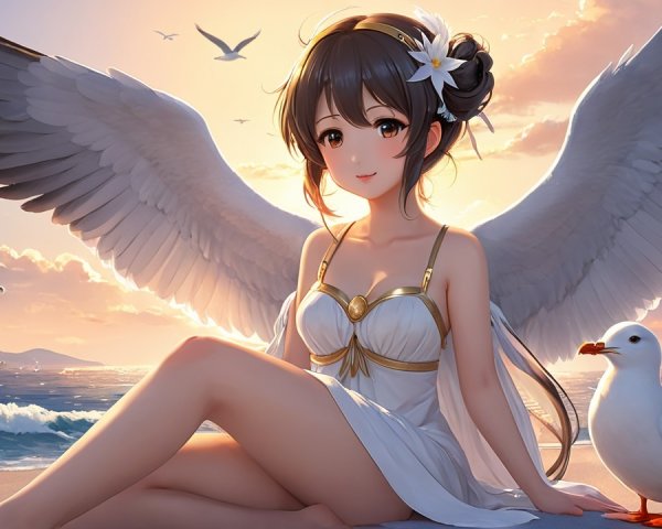 Young girl with wings on beach at sunset