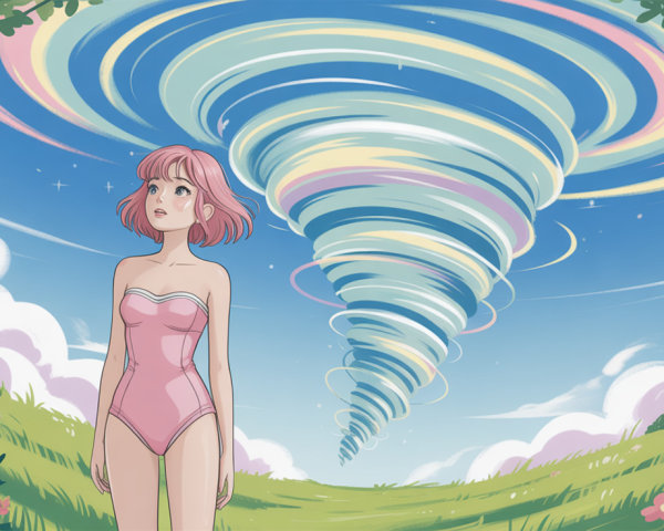 Anime-style girl in pink swimsuit on green hillside