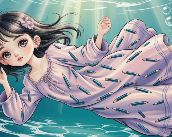 Anime girl in nightgown submerged in blue water