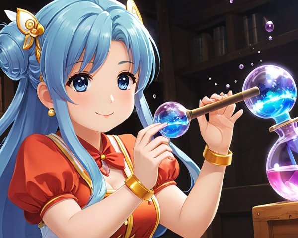 Young girl mixing colorful potions in a library