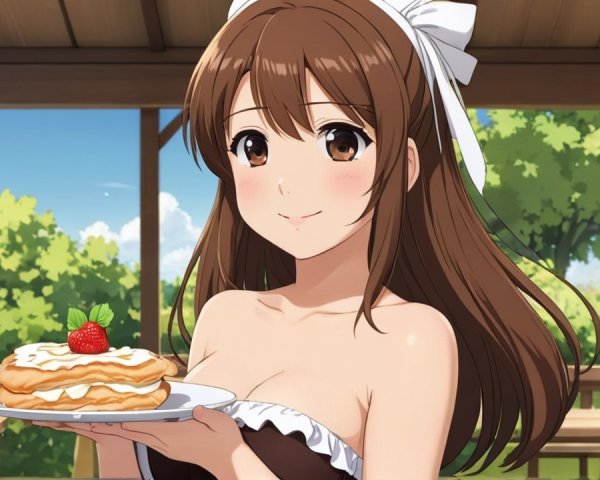 Cheerful Woman with Pancakes Outdoors in Nature