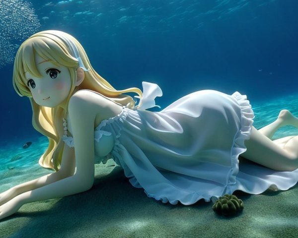 Underwater Scene with Anime Girl in White Dress