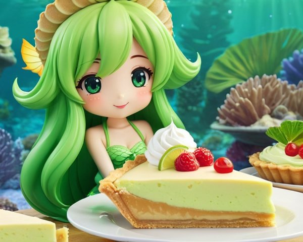 Mermaid-themed character with desserts in underwater scene