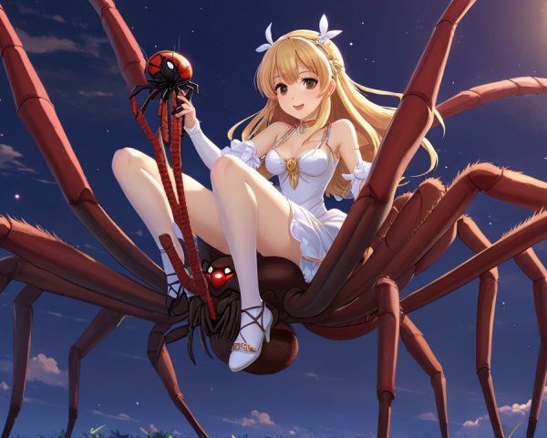Fantasy Scene of Woman on Giant Spider at Night