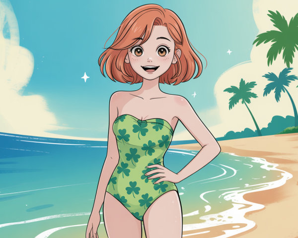Anime Woman in Green Swimsuit on Beach Scene