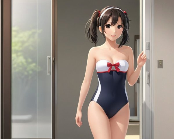 Cheerful girl in navy swimsuit with summer backdrop