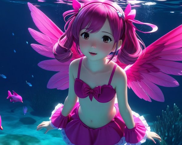 Whimsical Underwater Scene with Pink-Haired Girl