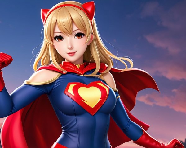 Female superhero in blue and red costume at sunset