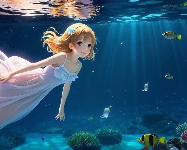 Underwater Scene with Girl in White Dress and Fish