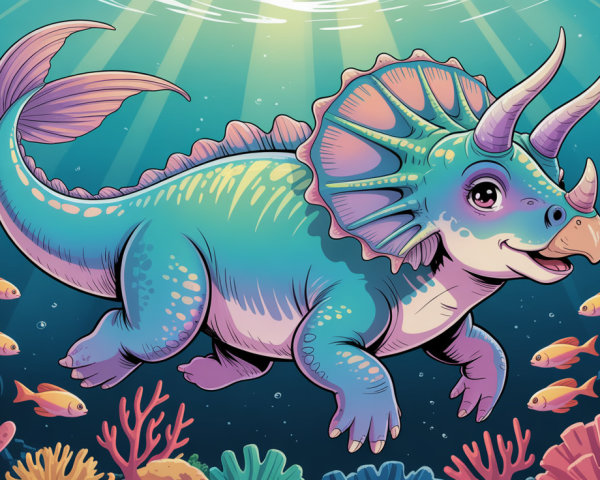 Colorful Cartoon Triceratops Swimming Underwater