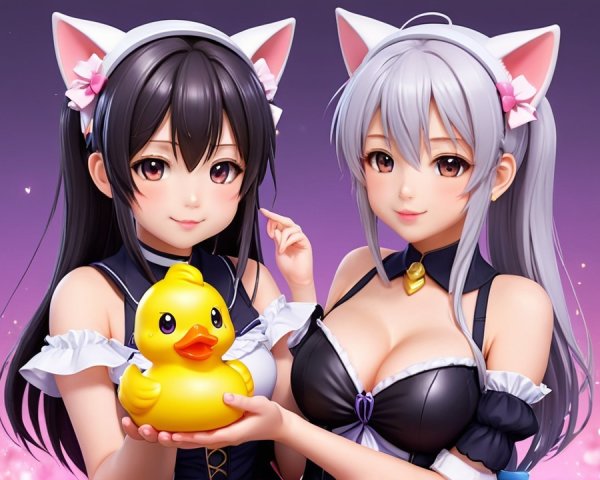 Anime Characters with Cat Ears and Rubber Duck Scene