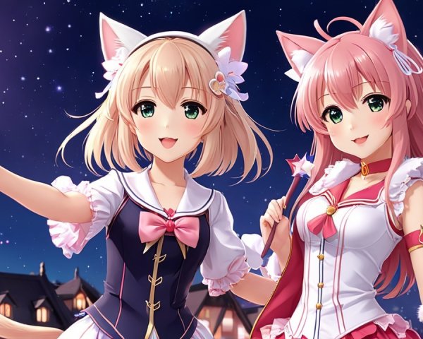 Cheerful anime characters with cat ears under stars