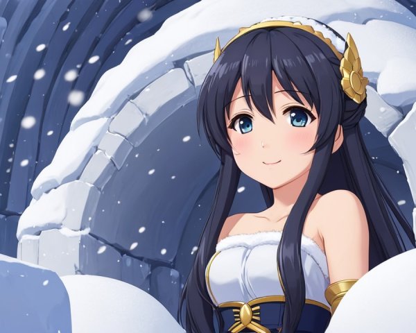 Young Woman in Snowy Landscape with Ice Archway