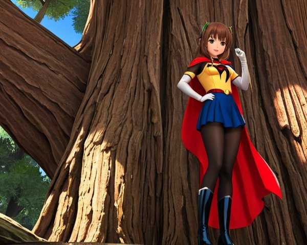 Stylized female character beside a large tree trunk