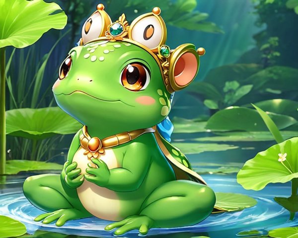 Cartoon Frog on Lily Pad with Golden Crown in Pond