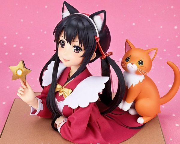 Girl with Cat Ears in Red Outfit and Orange Cat