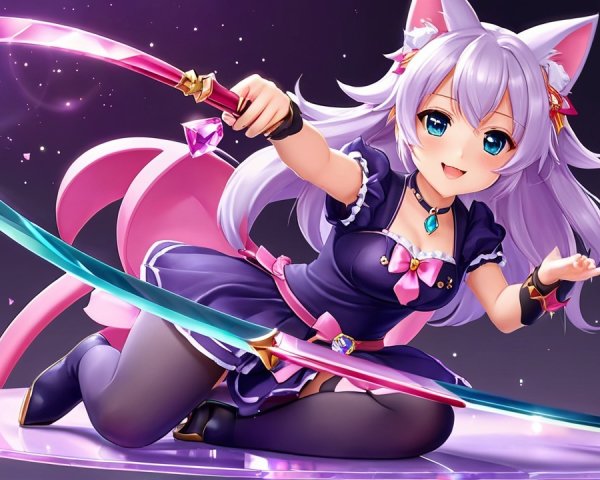 Colorful Anime Character with Cat Features and Gems