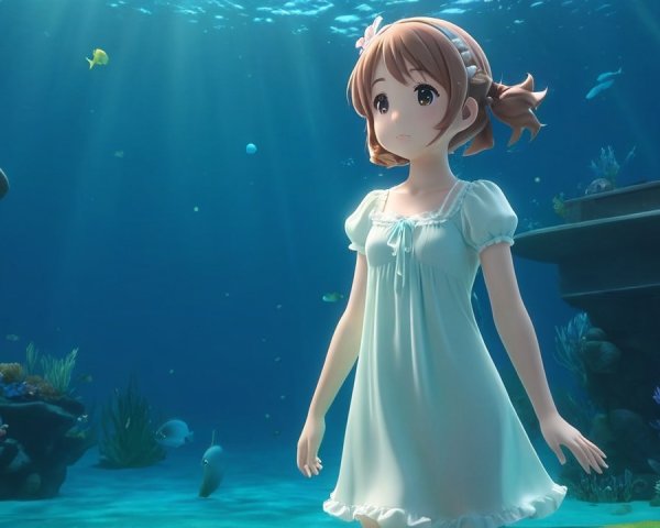 Young Girl in White Dress Underwater with Coral Reefs