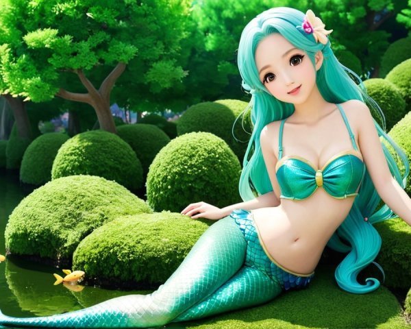 Mermaid by a serene pond with vibrant surroundings