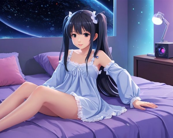 Young woman in a modern bedroom with cosmic decor