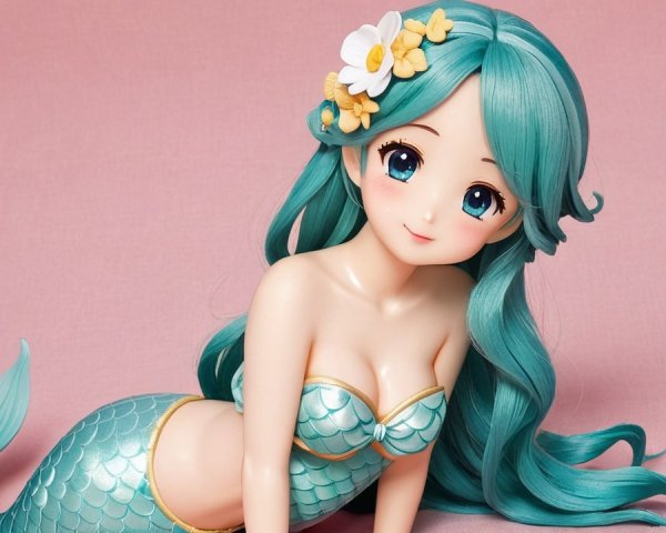 Anime-style mermaid figure with turquoise hair and scales