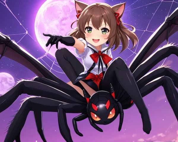 Cheerful Character on Stylized Black Spider at Twilight