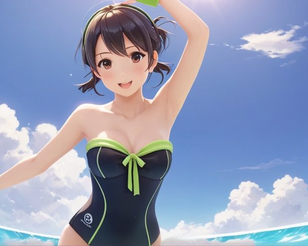 Cheerful anime character by a sparkling blue pool