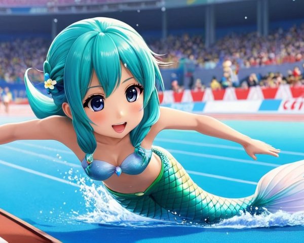 Animated Mermaid Diving in a Colorful Stadium Scene