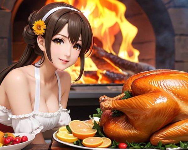 Cheerful Woman with Roasted Turkey by Fireplace