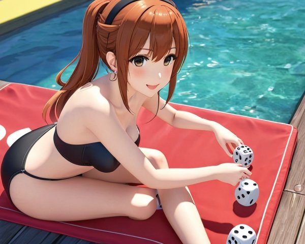 Cheerful anime girl by sparkling pool in black bikini