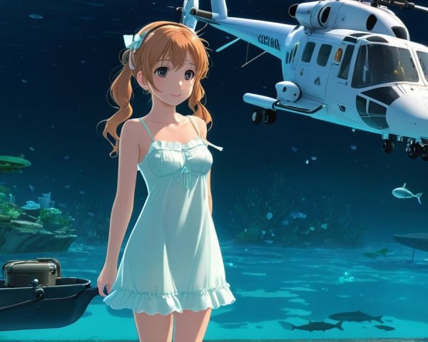 Young woman in blue dress underwater with marine life