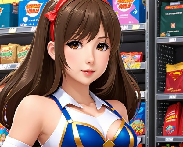 Anime Character in Grocery Aisle with Snacks