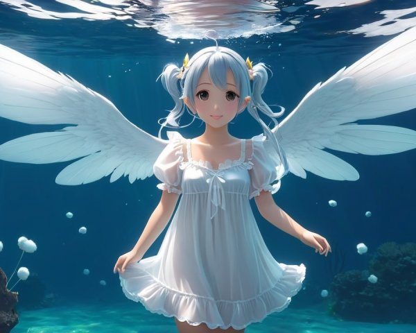 Underwater Scene of Girl with Angelic Wings and Coral