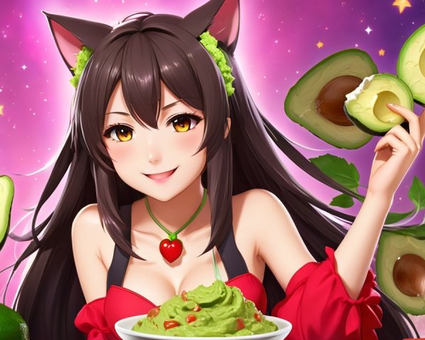 Cheerful Cat-like Character with Guacamole Bowl