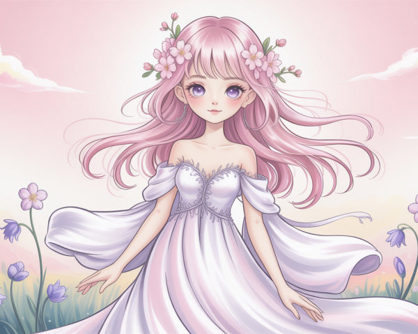 Anime girl with pink hair in floral setting